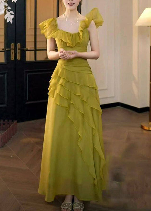 Stylish Grass Green Ruffled Asymmetrical Design Chiffon Party Dress Summer 5