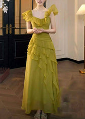Stylish Grass Green Ruffled Asymmetrical Design Chiffon Party Dress Summer 5