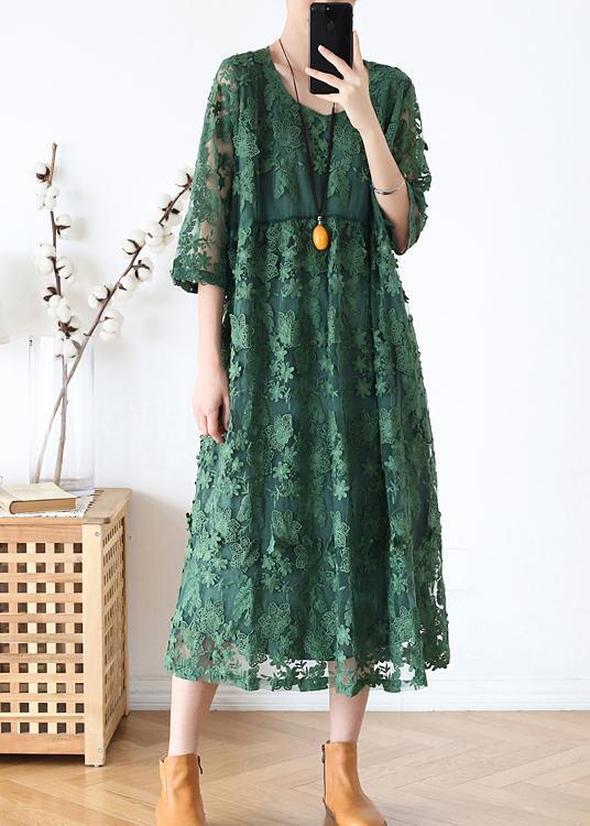 Lace Floral Embroidered Overlay Three Quarter Sleeve Round Neck Midi Dress