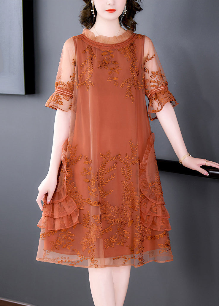 Mesh Embroidered Ruffle Neck Short Sleeve Tiered Side Ruffle Knee Length Dress