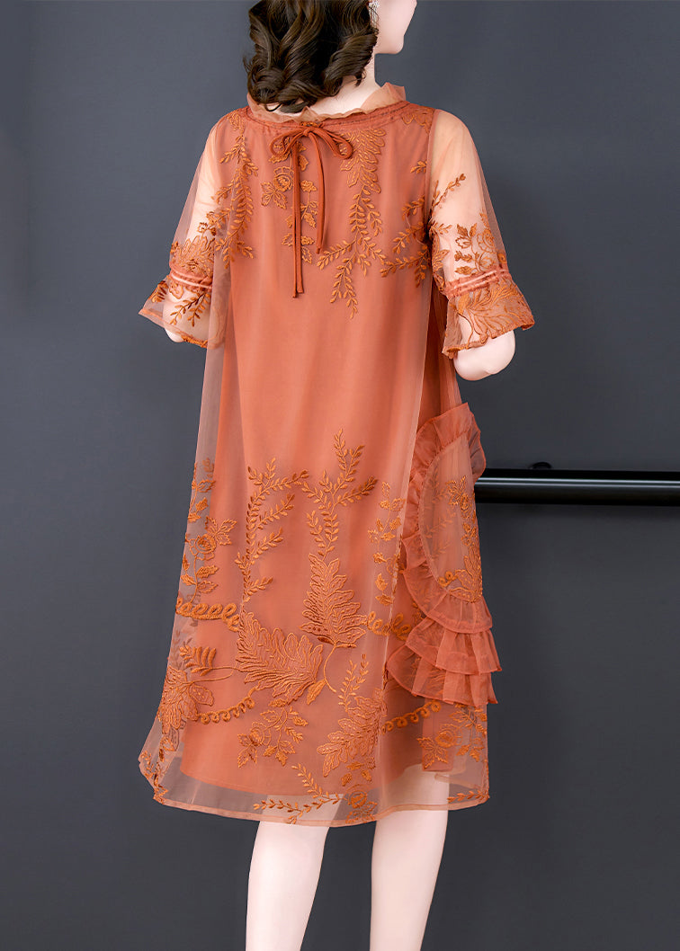 Mesh Embroidered Ruffle Neck Short Sleeve Tiered Side Ruffle Knee Length Dress