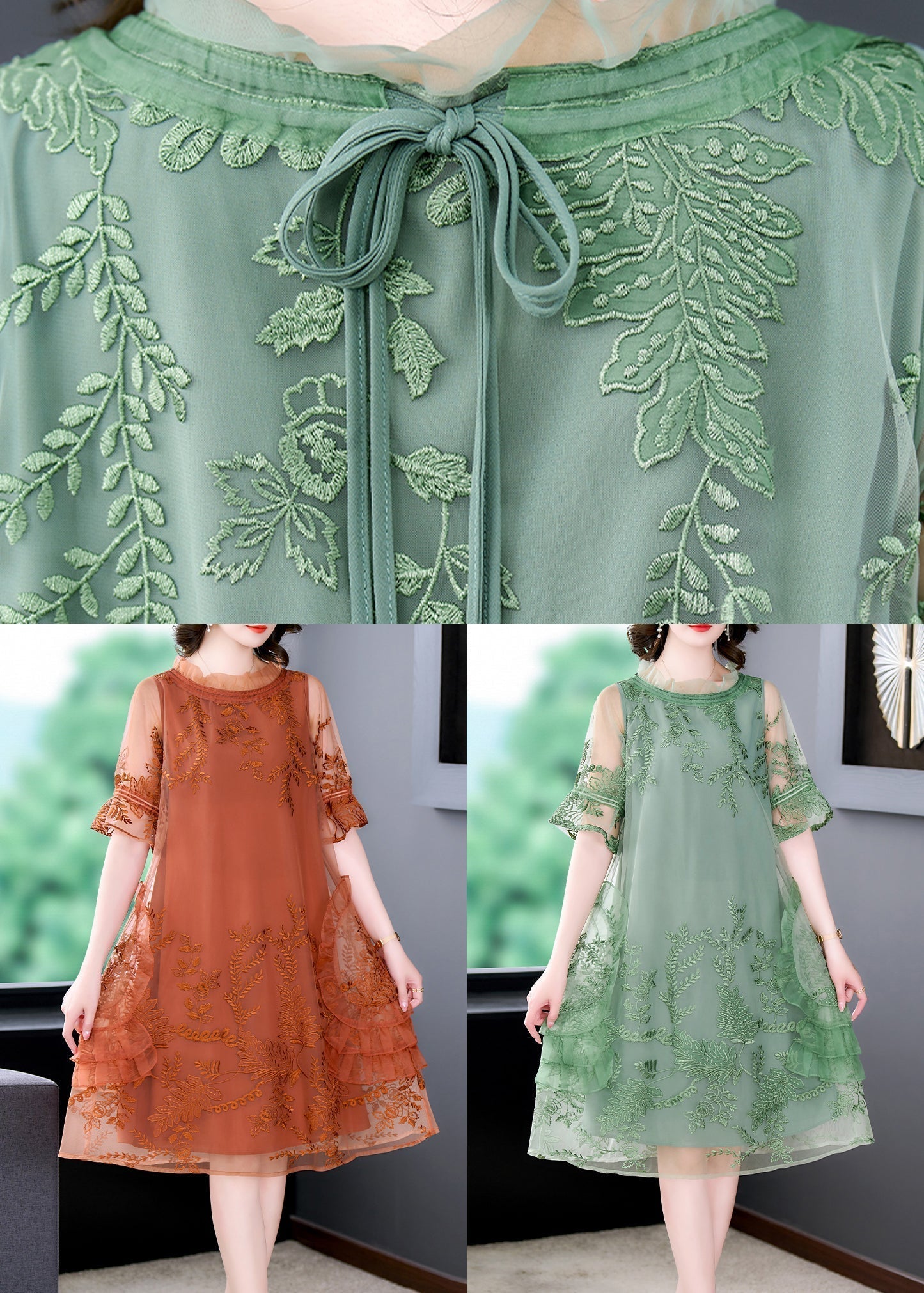 Mesh Embroidered Ruffle Neck Short Sleeve Tiered Side Ruffle Knee Length Dress