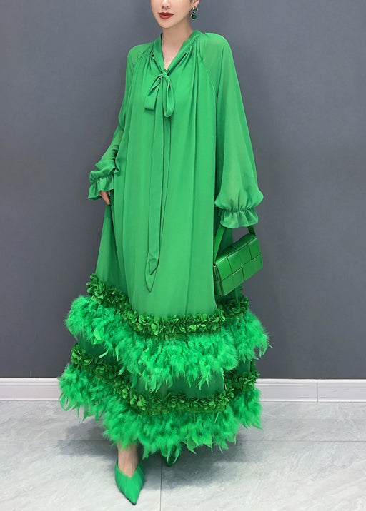 Tie Neck Lantern Sleeve Faux Feather Tiered Hem Chiffon Maxi Dress