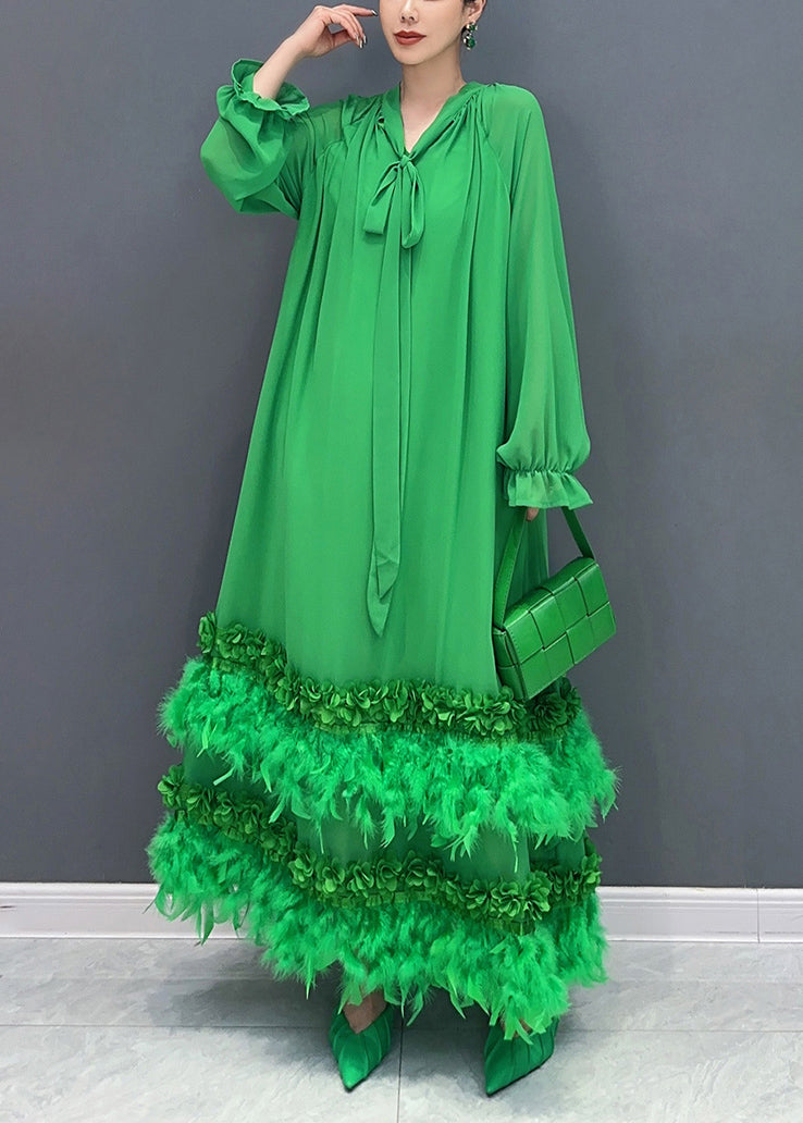 Stylish Green Feather Lace Up Patchwork Chiffon Maxi Dress Long Sleeve - View 3
