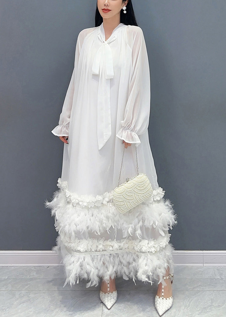 Stylish Green Feather Lace Up Patchwork Chiffon Maxi Dress Long Sleeve - View 4
