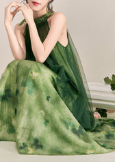 Stylish Green Halter Backless Fake Two Pieces Tulle Long Dress Sleeveless