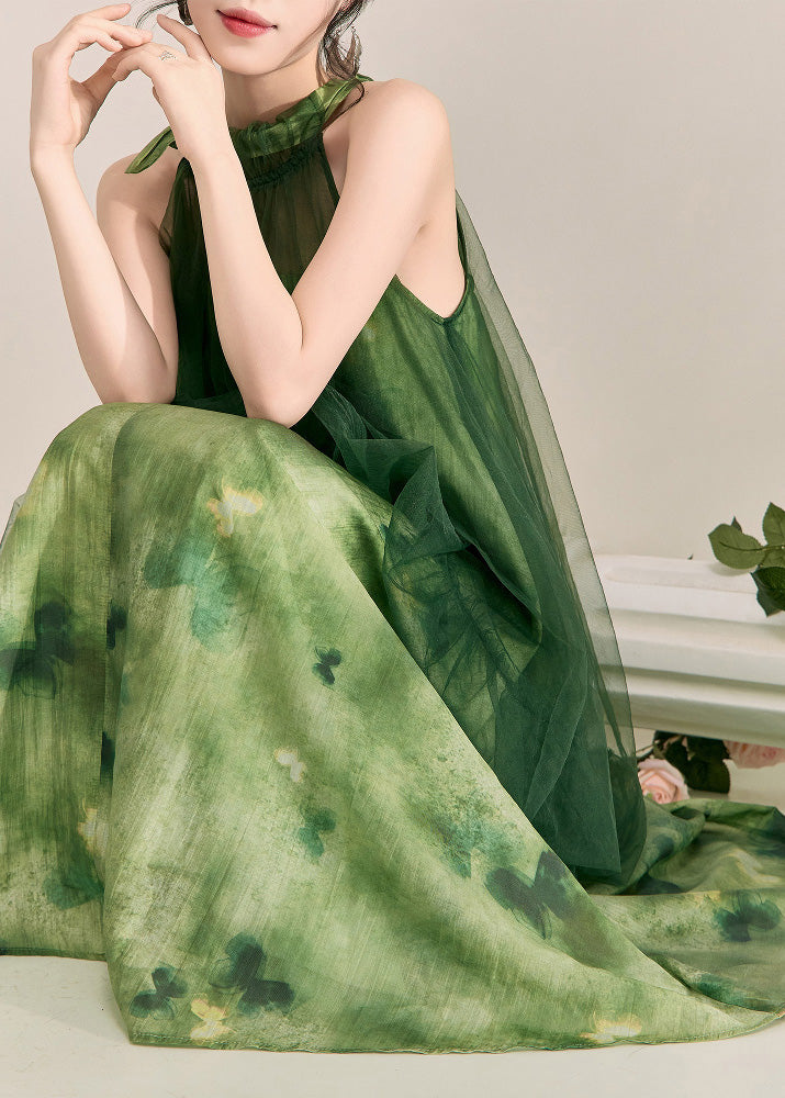 Halter Neck Tie Back Tulle Overlay Watercolor Print Maxi Dress