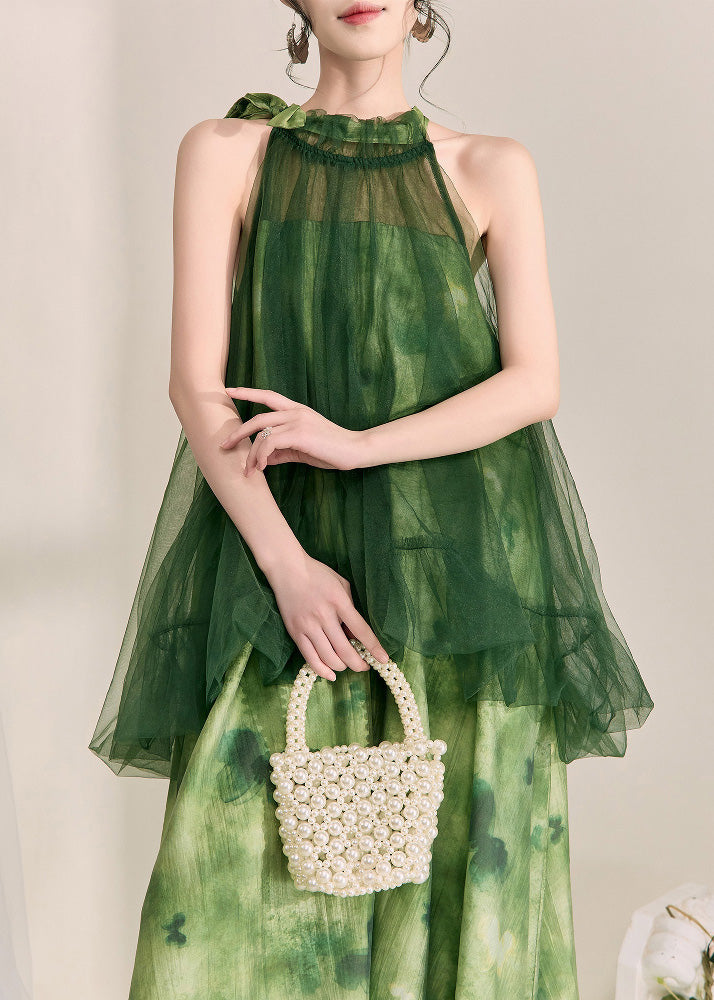 Stylish Green Halter Backless Fake Two Pieces Tulle Long Dress Sleeveless 2