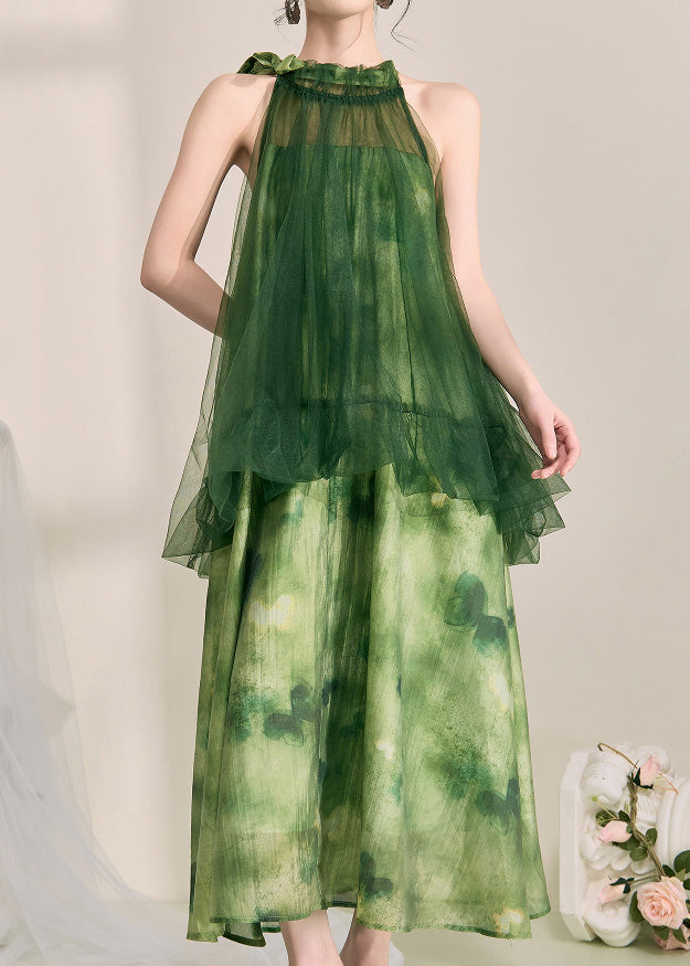 Stylish Green Halter Backless Fake Two Pieces Tulle Long Dress Sleeveless 3