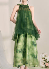 Stylish Green Halter Backless Fake Two Pieces Tulle Long Dress Sleeveless 3