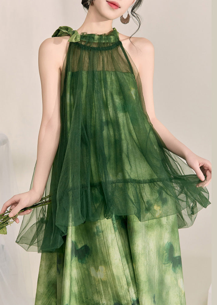 Stylish Green Halter Backless Fake Two Pieces Tulle Long Dress Sleeveless 4