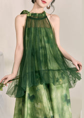 Stylish Green Halter Backless Fake Two Pieces Tulle Long Dress Sleeveless 4