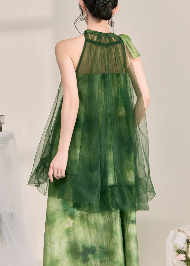 Stylish Green Halter Backless Fake Two Pieces Tulle Long Dress Sleeveless 5