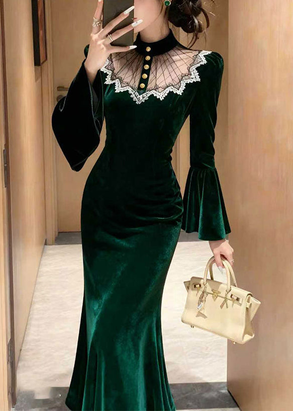 Velvet Mock Neck Mesh Lace Trim Bell Sleeve Mermaid Maxi Gown