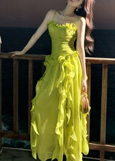 Stylish Green Ruffled Chiffon Spaghetti Strap Dress Summer