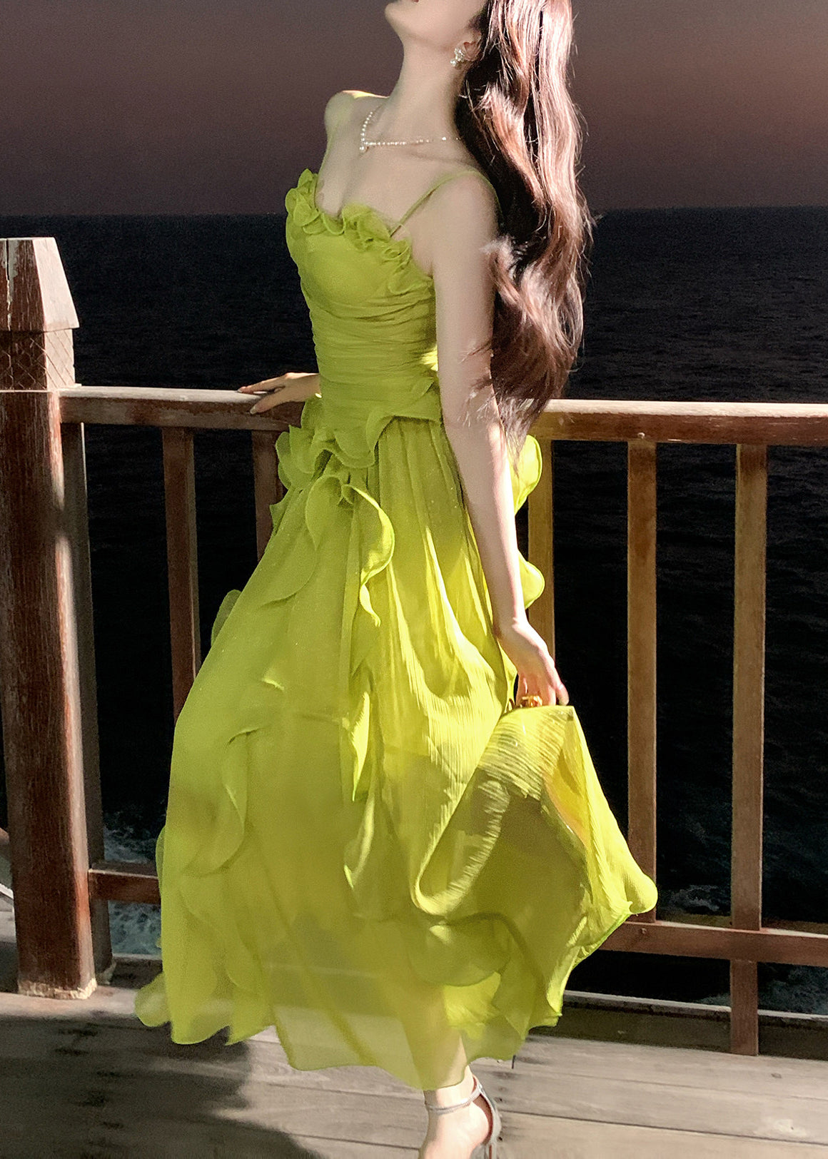 Stylish Green Ruffled Chiffon Spaghetti Strap Dress Summer 2
