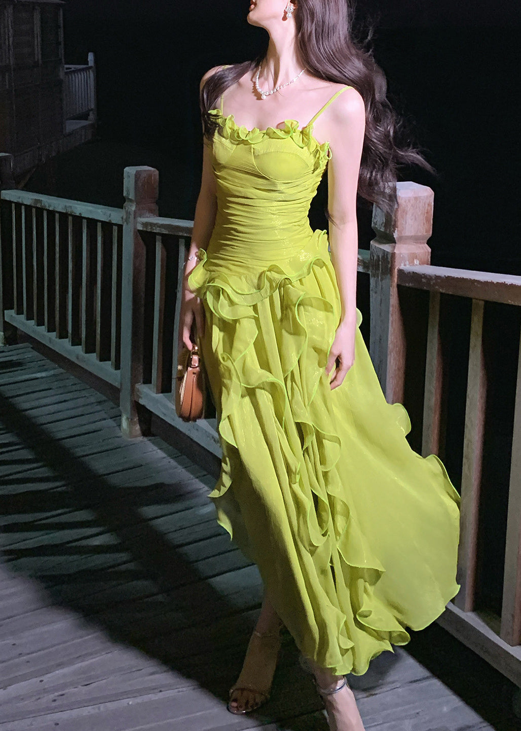 Stylish Green Ruffled Chiffon Spaghetti Strap Dress Summer 3