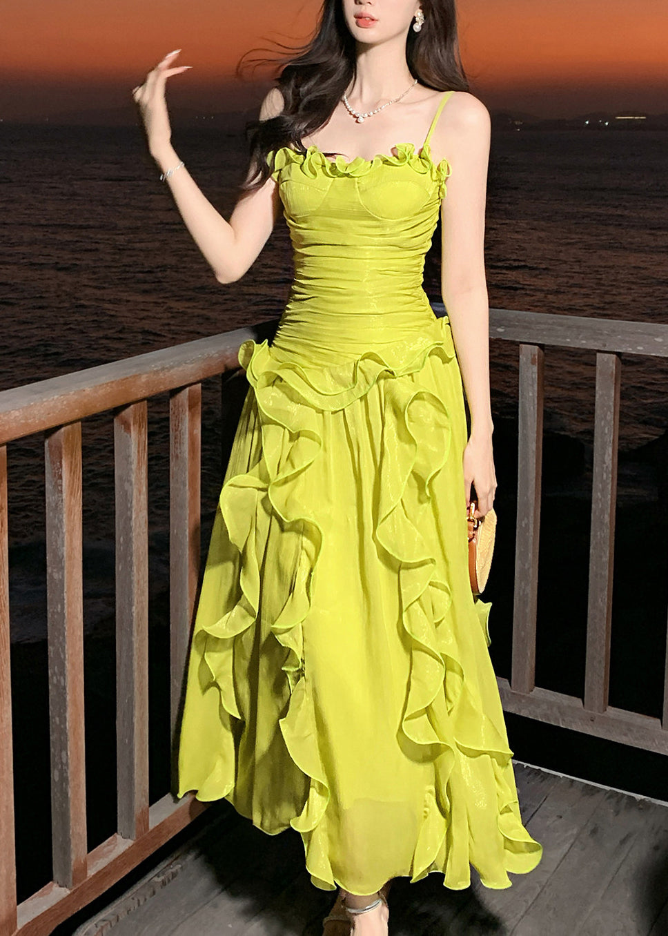 Stylish Green Ruffled Chiffon Spaghetti Strap Dress Summer 4
