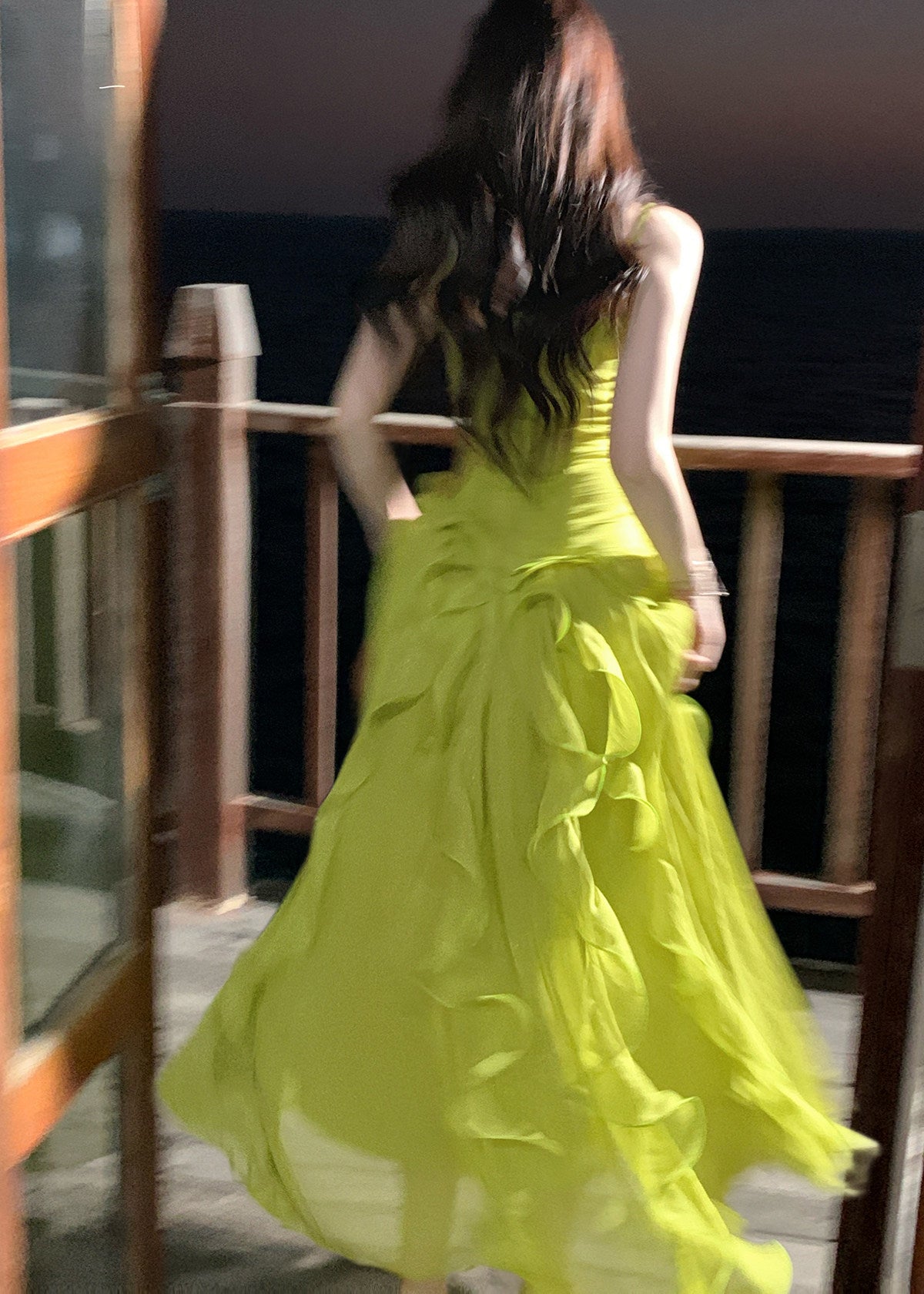 Stylish Green Ruffled Chiffon Spaghetti Strap Dress Summer 5
