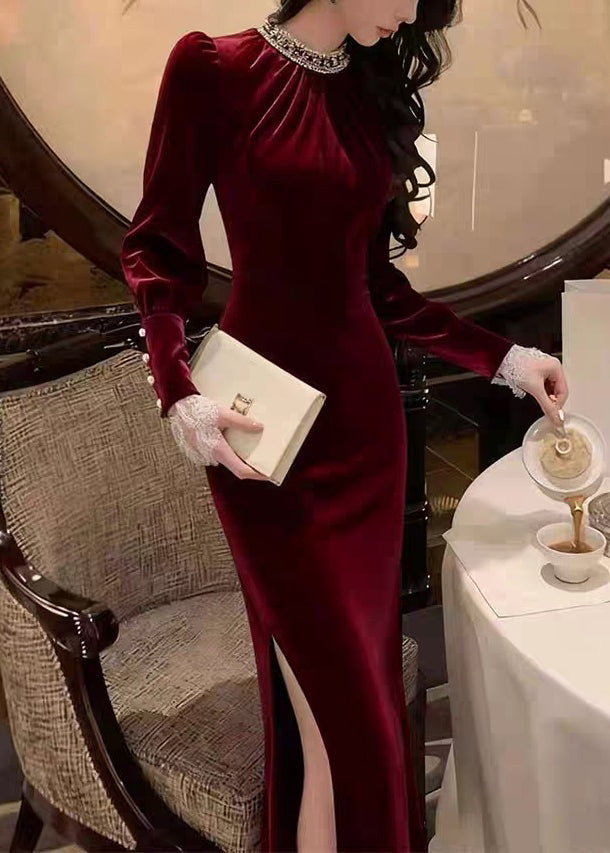 Satin Rhinestone Mock Neck Long Sleeve Lace Cuff High Split Maxi Gown