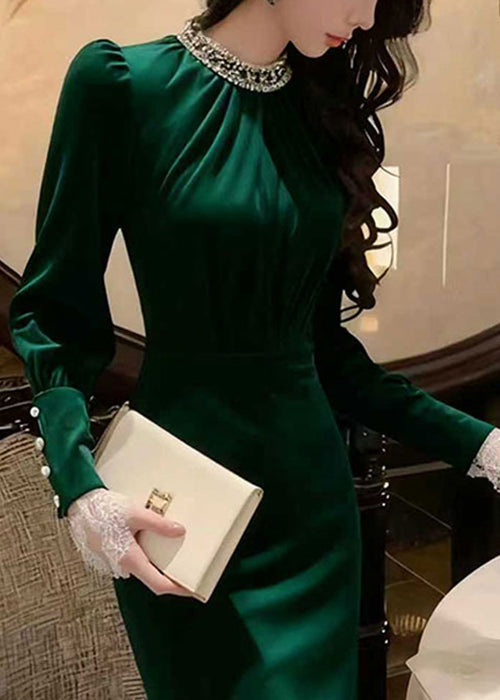 Satin Rhinestone Mock Neck Long Sleeve Lace Cuff High Split Maxi Gown