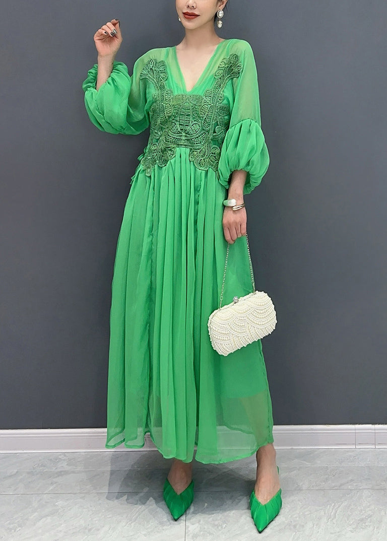 Chiffon Deep V-Neck Balloon Sleeve Lace Appliqué Pleated Waist Maxi Dress