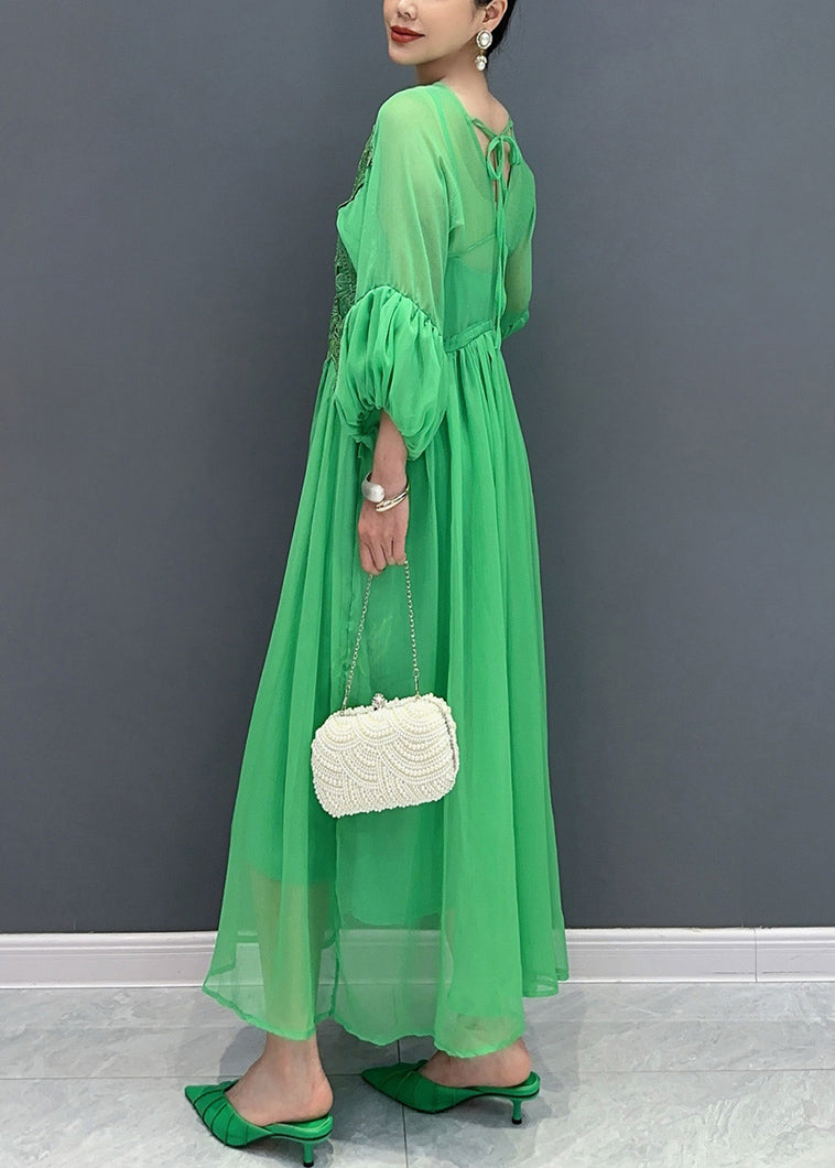 Chiffon Deep V-Neck Balloon Sleeve Lace Appliqué Pleated Waist Maxi Dress