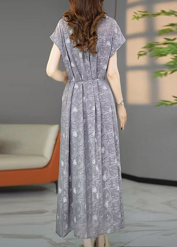 Stylish Grey Oversized Print Chiffon Maxi Dresses Summer - View 5