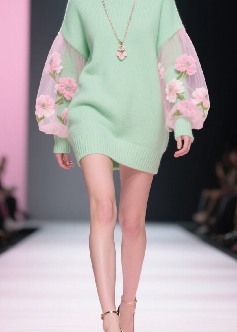 Tulle Floral Puff Sleeve Turtleneck Knit Patchwork Mini Dress
