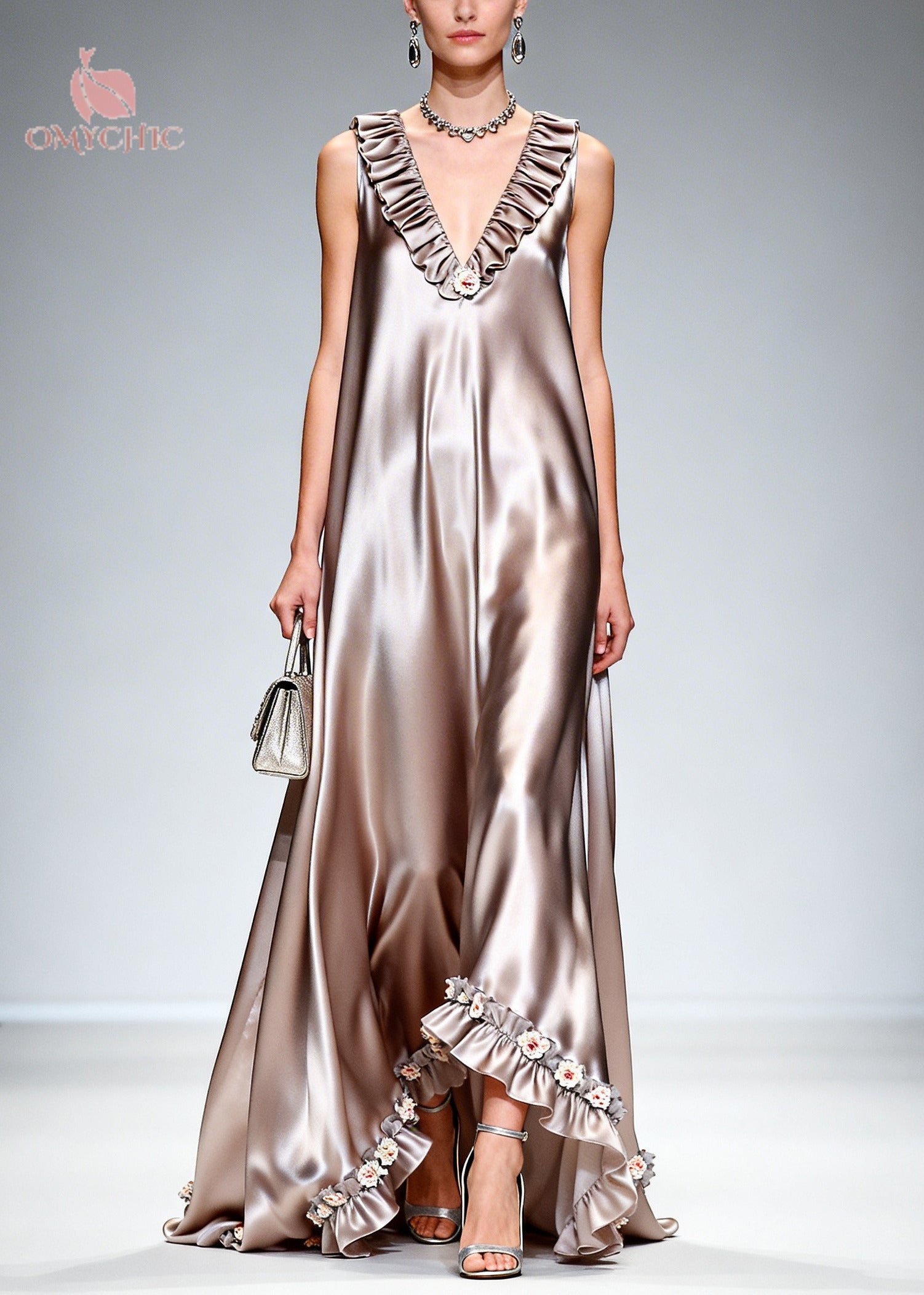 Ruffle Trim Deep V-Neck Floral Appliqué High Low Hem Sleeveless Maxi Gown