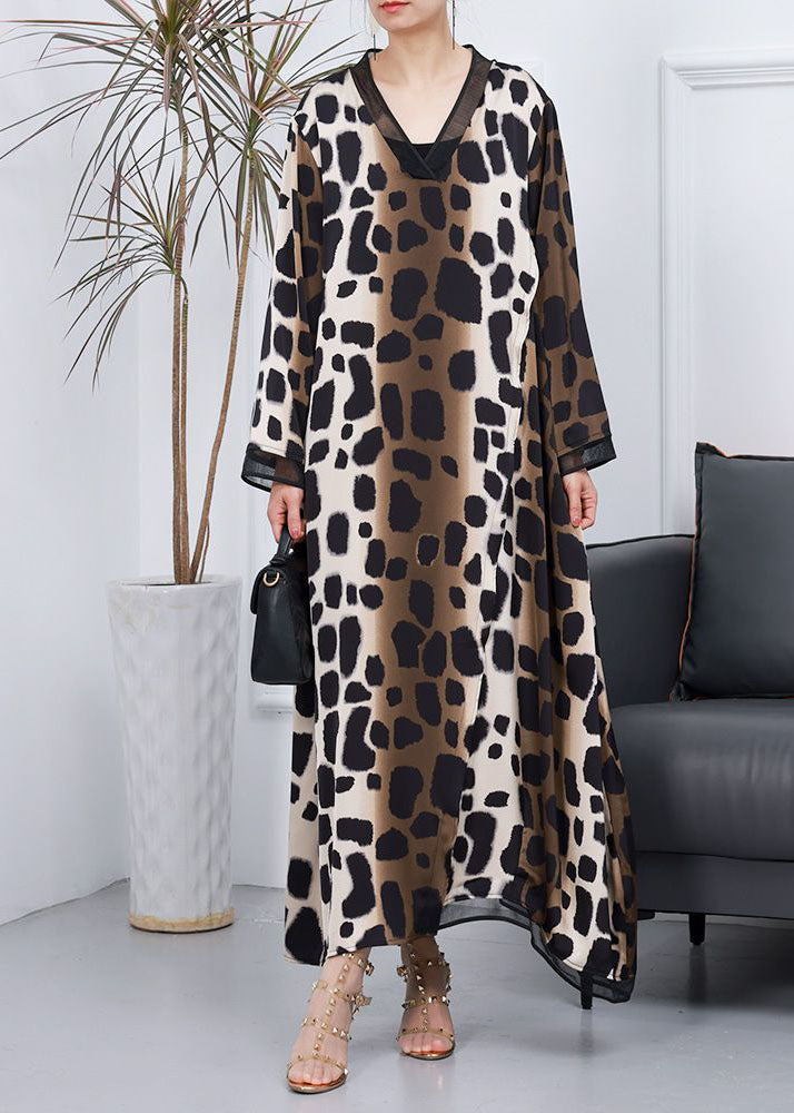 Animal Print Deep V-Neck Mesh Trim Long Sleeve Oversized Kaftan Maxi Dress