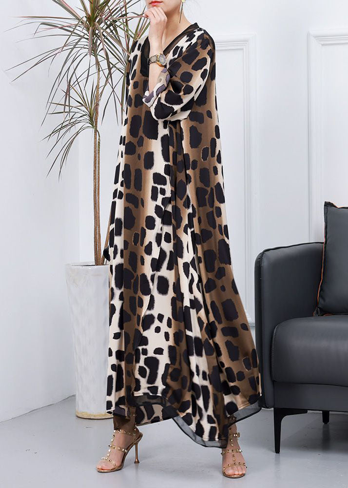 Animal Print Deep V-Neck Mesh Trim Long Sleeve Oversized Kaftan Maxi Dress