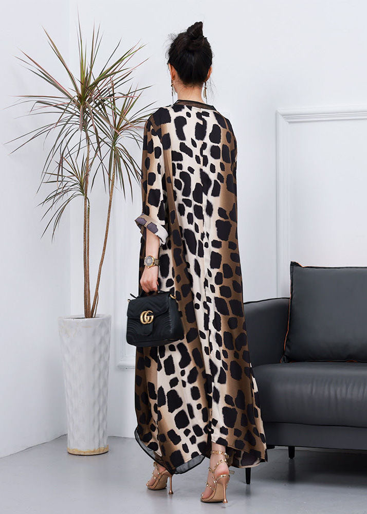 Animal Print Deep V-Neck Mesh Trim Long Sleeve Oversized Kaftan Maxi Dress