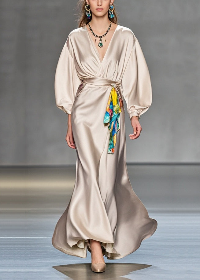 Satin Wrap Deep V-Neck Lantern Sleeve Tie Waist Accent Panel Maxi Gown