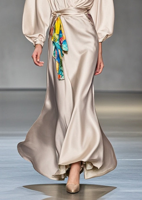 Satin Wrap Deep V-Neck Lantern Sleeve Tie Waist Accent Panel Maxi Gown