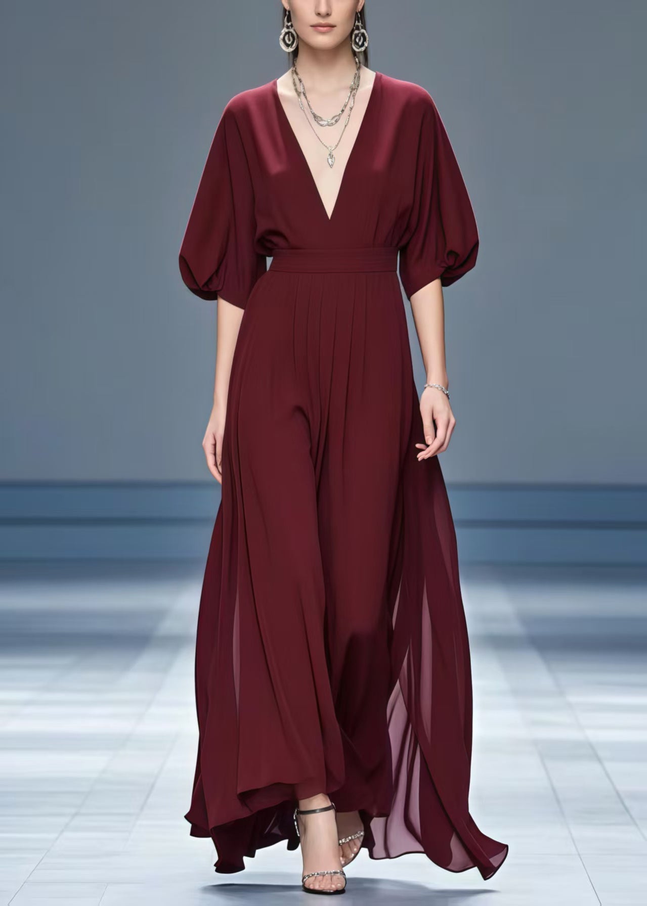 Stylish Mulberry V Neck Chiffon Maxi Dresses Summer - View 3