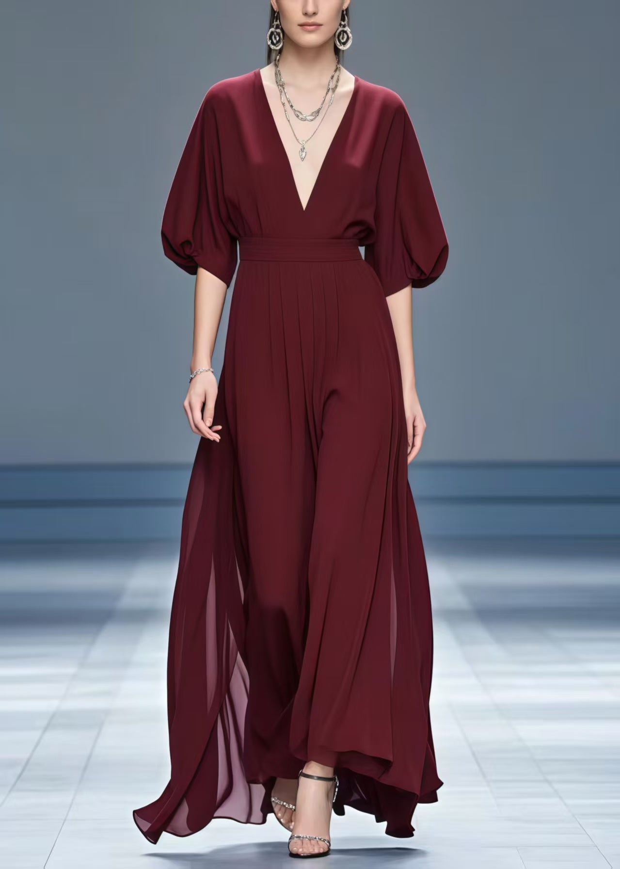 Stylish Mulberry V Neck Chiffon Maxi Dresses Summer - View 5