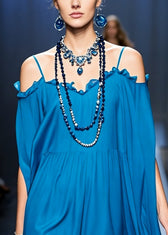 Stylish Peacock Blue Cold Shoulder Ruffled Chiffon Spaghetti Strap Dress Summer 2