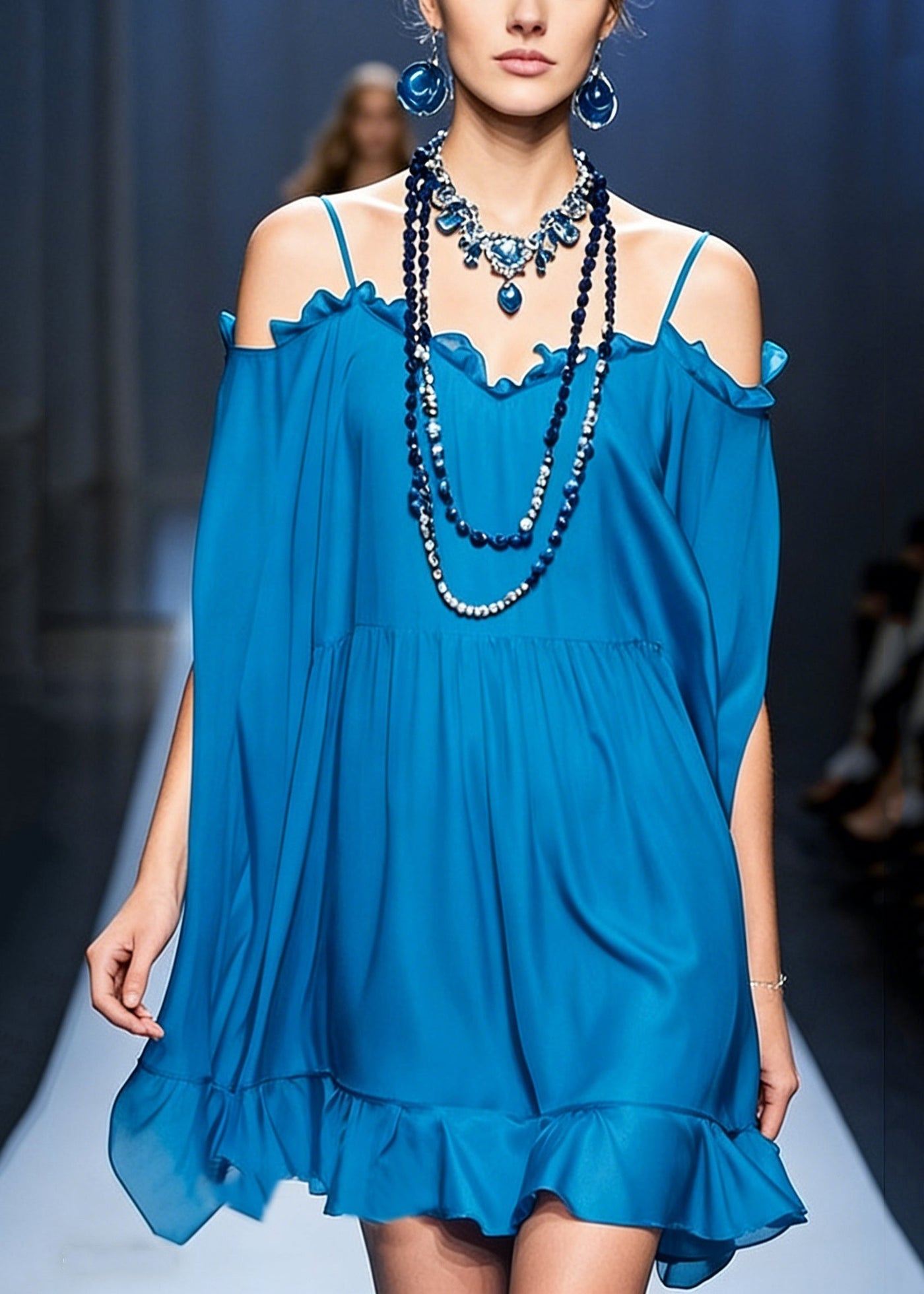 Stylish Peacock Blue Cold Shoulder Ruffled Chiffon Spaghetti Strap Dress Summer 3
