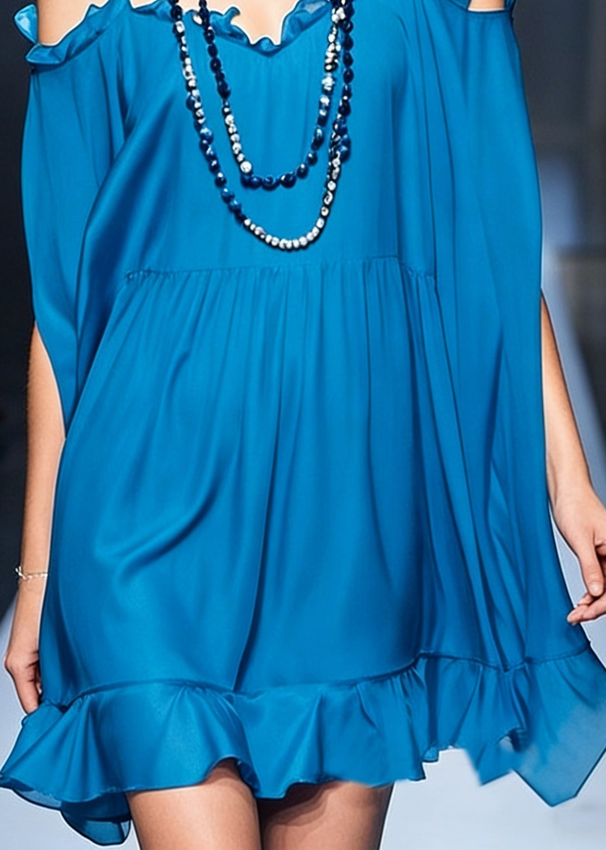 Stylish Peacock Blue Cold Shoulder Ruffled Chiffon Spaghetti Strap Dress Summer 4