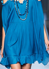 Stylish Peacock Blue Cold Shoulder Ruffled Chiffon Spaghetti Strap Dress Summer 4