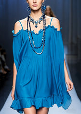 Stylish Peacock Blue Cold Shoulder Ruffled Chiffon Spaghetti Strap Dress Summer 5