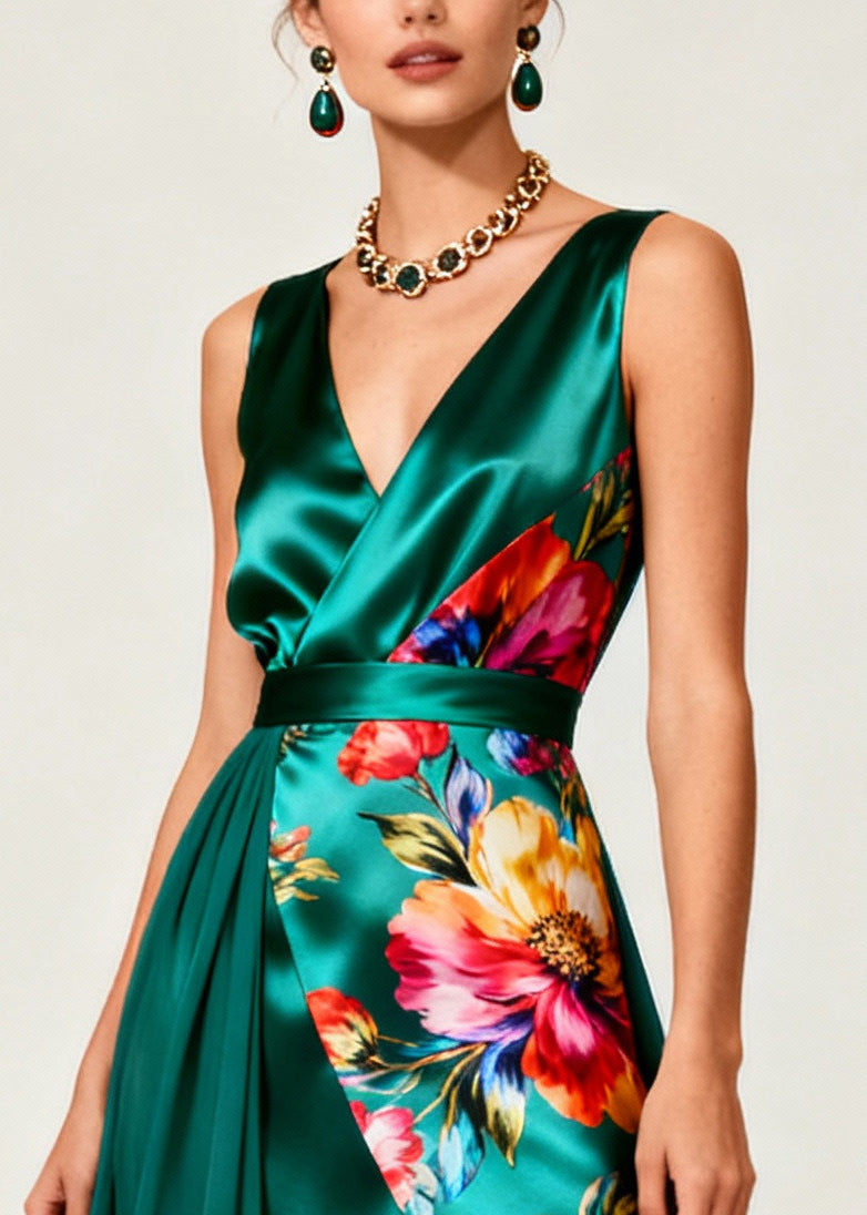 Floral Print Deep V-Neck Wrap Asymmetrical Tiered Chiffon Midi Dress