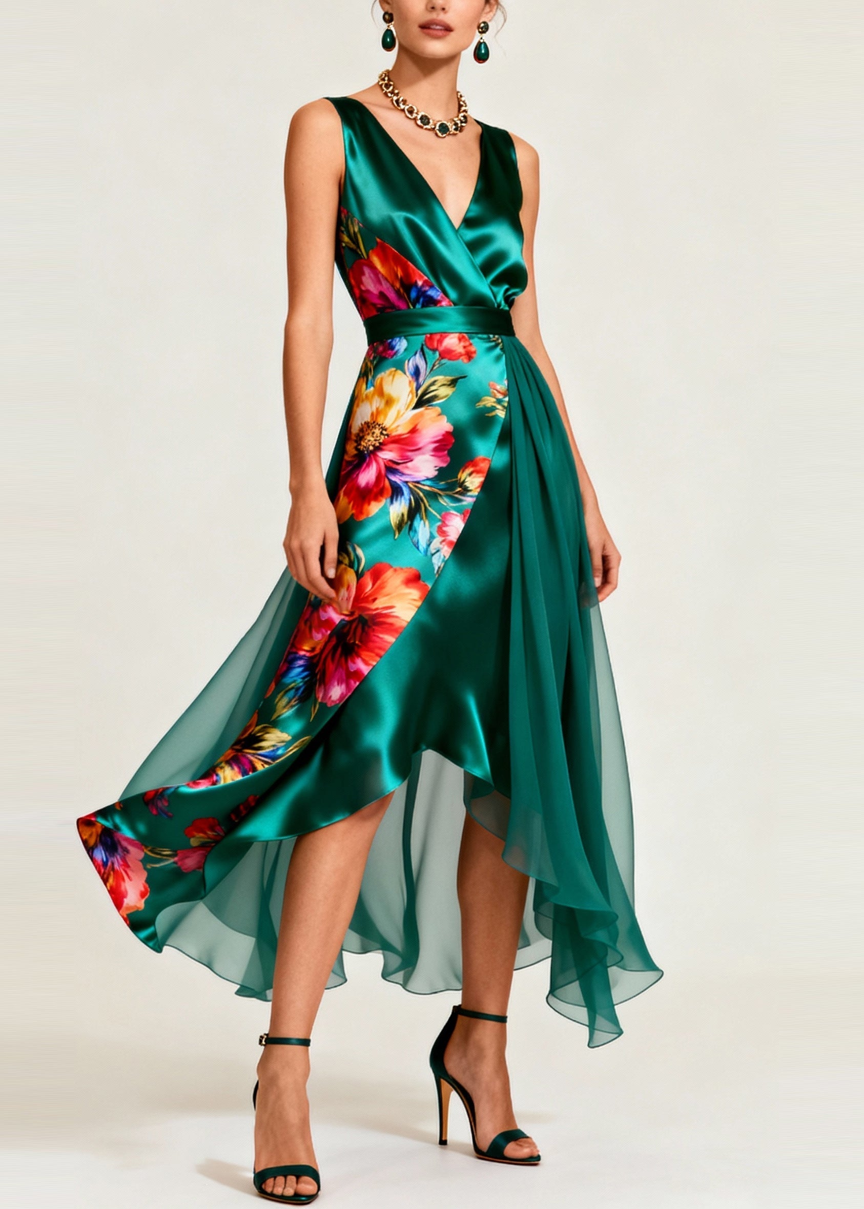 Floral Print Deep V-Neck Wrap Asymmetrical Tiered Chiffon Midi Dress