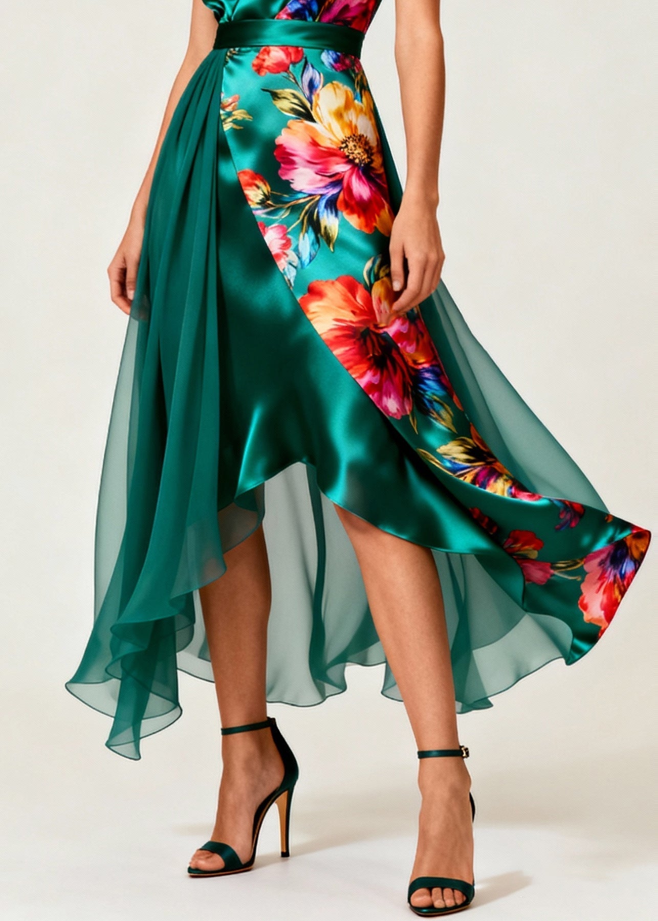 Floral Print Deep V-Neck Wrap Asymmetrical Tiered Chiffon Midi Dress