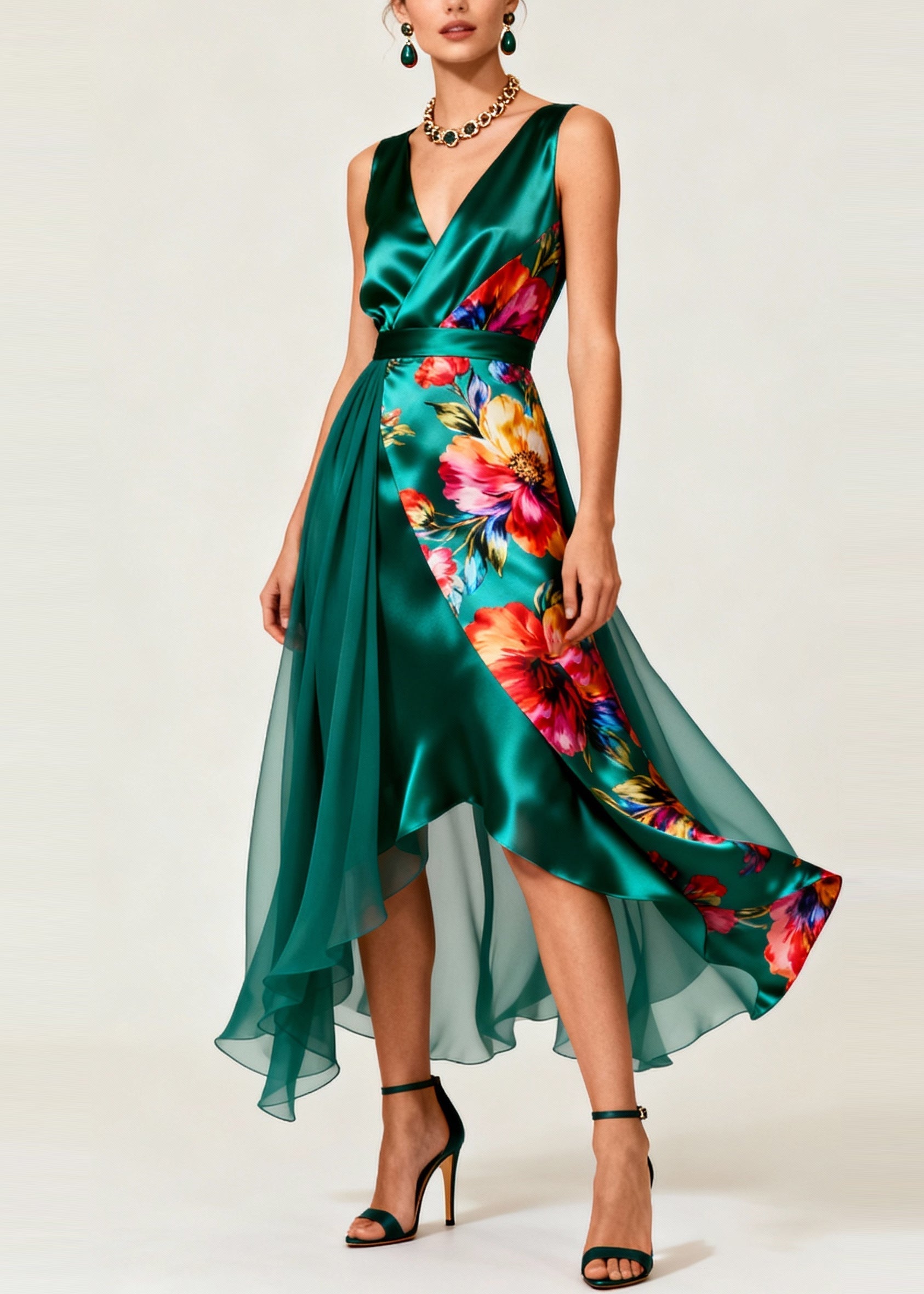 Floral Print Deep V-Neck Wrap Asymmetrical Tiered Chiffon Midi Dress