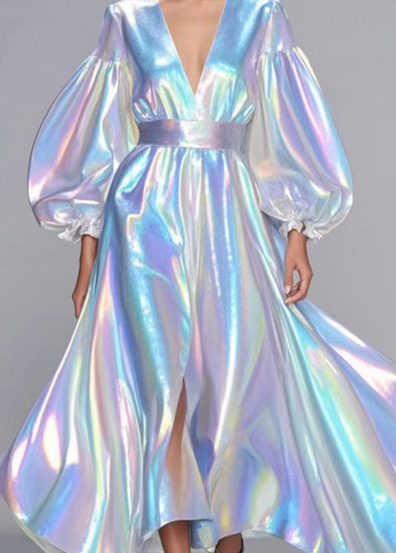 Sequin Deep V-Neck Puff Sleeve High Split Iridescent Maxi Gown