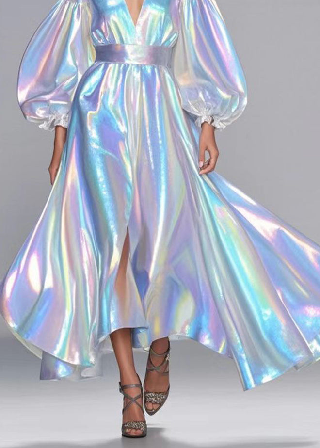 Sequin Deep V-Neck Puff Sleeve High Split Iridescent Maxi Gown