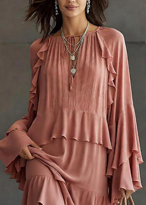 Stylish Pink Ruffled Patchwork Chiffon Mid Dress Spring 2