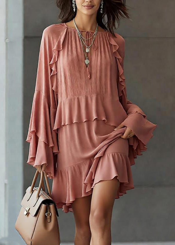 Stylish Pink Ruffled Patchwork Chiffon Mid Dress Spring 3